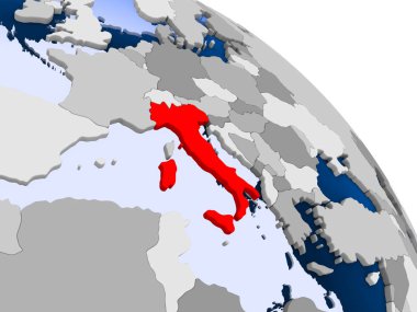 Kırmızı şeffaf okyanuslar ile dünya üzerinde vurgulanan İtalya Illustration. 3D çizim.