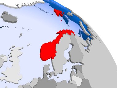 Kırmızı şeffaf okyanuslar ile dünya üzerinde vurgulanan Norveç Illustration. 3D çizim.