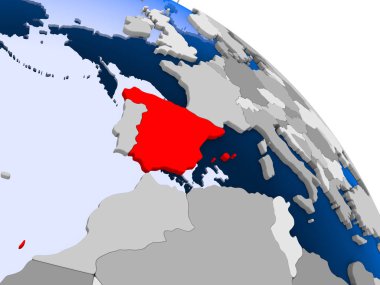 Kırmızı şeffaf okyanuslar ile dünya üzerinde vurgulanan İspanya Illustration. 3D çizim.