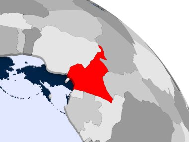 Kırmızı şeffaf okyanuslar ile dünya üzerinde vurgulanan Kamerun Illustration. 3D çizim.