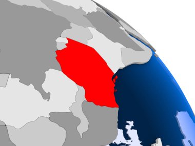 İllüstrasyon kırmızı şeffaf okyanuslar ile dünya üzerinde vurgulanan Tanzanya'nın. 3D çizim.