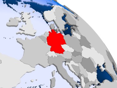 Kırmızı şeffaf okyanuslar ile dünya üzerinde vurgulanan Almanya Illustration. 3D çizim.