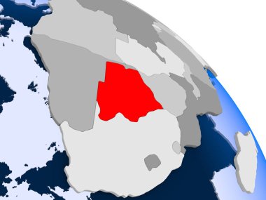 Kırmızı şeffaf okyanuslar ile dünya üzerinde vurgulanan Botsvana Illustration. 3D çizim.