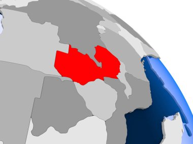 İllüstrasyon kırmızı şeffaf okyanuslar ile dünya üzerinde vurgulanan Zambiya. 3D çizim.