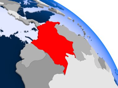 İllüstrasyon kırmızı şeffaf okyanuslar ile dünya üzerinde vurgulanan Kolombiya. 3D çizim.