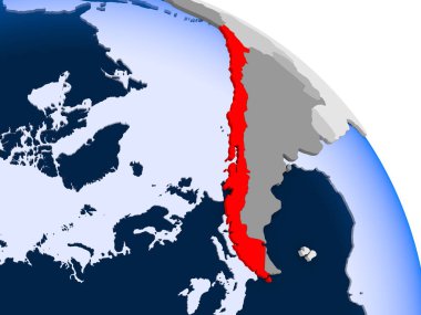 Şili kırmızı şeffaf okyanuslar ile dünya üzerinde vurgulanan Illustration. 3D çizim.
