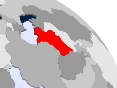 Kırmızı şeffaf okyanuslar ile dünya üzerinde vurgulanan Türkmenistan Illustration. 3D çizim.