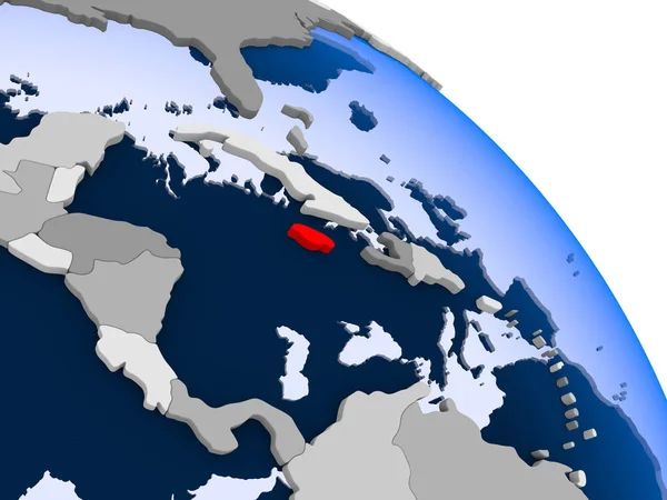 Illustration of Jamaica highlighted in red on globe with transparent oceans. 3D illustration.