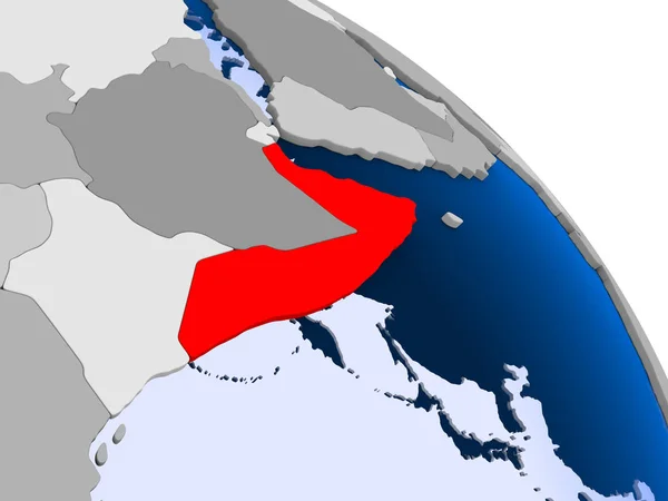 Illustrazione Della Somalia Evidenziata Rosso Sul Globo Con Oceani Trasparenti — Foto Stock