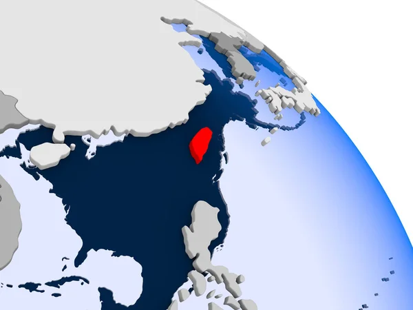 Illustration of Taiwan highlighted in red on globe with transparent oceans. 3D illustration.