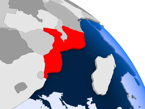 Illustrazione Del Mozambico Evidenziato Rosso Sul Globo Con Oceani Trasparenti — Foto Stock