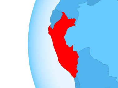 Kırmızı şeffaf okyanuslar ile mavi siyasi dünya üzerinde 3D render Peru. 3D çizim.