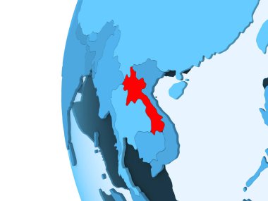 Kırmızı şeffaf okyanuslar ile mavi siyasi dünya üzerinde 3D render Laos. 3D çizim.