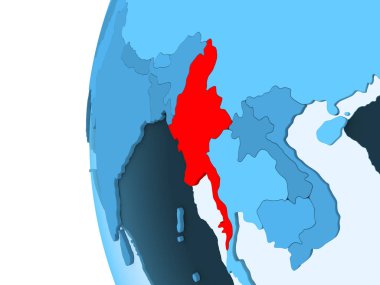 Myanmar 3D render kırmızı şeffaf okyanuslar ile mavi siyasi dünya üzerinde. 3D çizim.