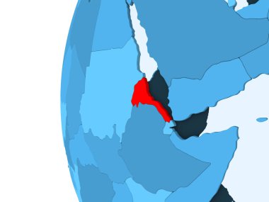 Eritre 3D render kırmızı şeffaf okyanuslar ile mavi siyasi dünya üzerinde. 3D çizim.
