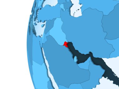 Kırmızı şeffaf okyanuslar ile mavi siyasi dünya üzerinde 3D render Kuveyt. 3D çizim.