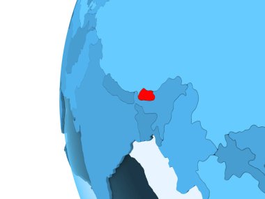 Kırmızı şeffaf okyanuslar ile mavi siyasi dünya üzerinde 3D render Bhutan. 3D çizim.