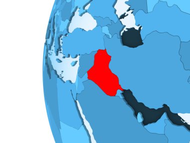 Kırmızı şeffaf okyanuslar ile mavi siyasi dünya üzerinde 3D render Irak'ın. 3D çizim.