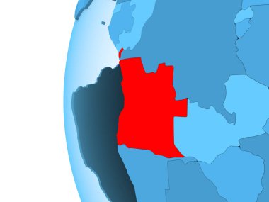 Angola 3D render kırmızı şeffaf okyanuslar ile mavi siyasi dünya üzerinde. 3D çizim.