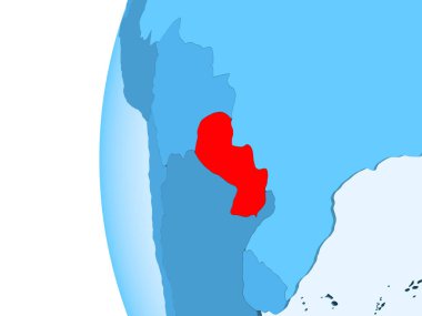 Kırmızı şeffaf okyanuslar ile mavi siyasi dünya üzerinde 3D render Paraguay. 3D çizim.