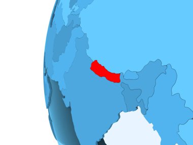 Kırmızı şeffaf okyanuslar ile mavi siyasi dünya üzerinde 3D render Nepal. 3D çizim.