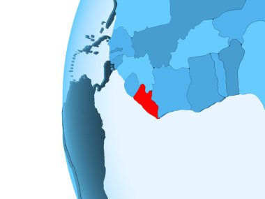 Liberya 3D render kırmızı şeffaf okyanuslar ile mavi siyasi dünya üzerinde. 3D çizim.