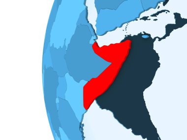 Kırmızı şeffaf okyanuslar ile mavi siyasi dünya üzerinde 3D render Somali. 3D çizim.