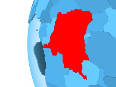 Demokratik Kongo Cumhuriyeti 3D render kırmızı şeffaf okyanuslar ile mavi siyasi dünya üzerinde. 3D çizim.