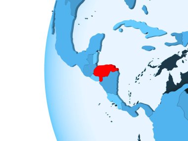 Kırmızı şeffaf okyanuslar ile mavi siyasi dünya üzerinde 3D render Honduras. 3D çizim.