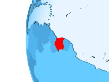 Surinam 3D render kırmızı şeffaf okyanuslar ile mavi siyasi dünya üzerinde. 3D çizim.