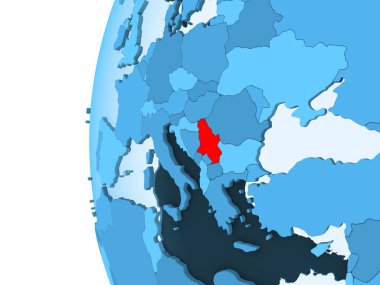 Kırmızı şeffaf okyanuslar ile mavi siyasi dünya üzerinde 3D render Sırbistan. 3D çizim.