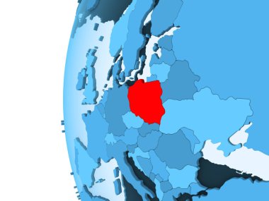 Kırmızı şeffaf okyanuslar ile mavi siyasi dünya üzerinde 3D render Polonya. 3D çizim.