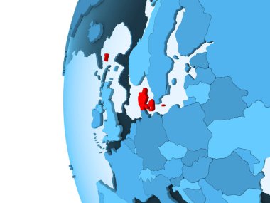 Kırmızı şeffaf okyanuslar ile mavi siyasi dünya üzerinde 3D render Danimarka. 3D çizim.