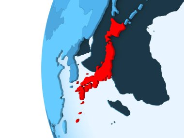 Kırmızı şeffaf okyanuslar ile mavi siyasi dünya üzerinde 3D render Japonya. 3D çizim.