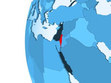 Kırmızı şeffaf okyanuslar ile mavi siyasi dünya üzerinde 3D render İsrail. 3D çizim.