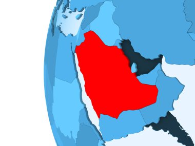 Kırmızı şeffaf okyanuslar ile mavi siyasi dünya üzerinde 3D render, Suudi Arabistan. 3D çizim.