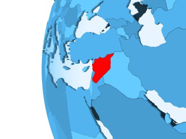 Kırmızı şeffaf okyanuslar ile mavi siyasi dünya üzerinde 3D render Suriye. 3D çizim.
