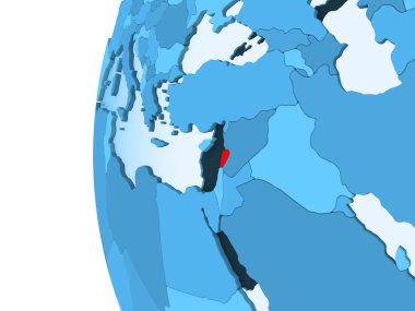 Kırmızı şeffaf okyanuslar ile mavi siyasi dünya üzerinde 3D render Lübnan. 3D çizim.