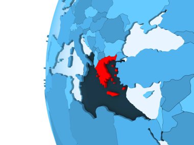 Kırmızı şeffaf okyanuslar ile mavi siyasi dünya üzerinde 3D render, Yunanistan. 3D çizim.