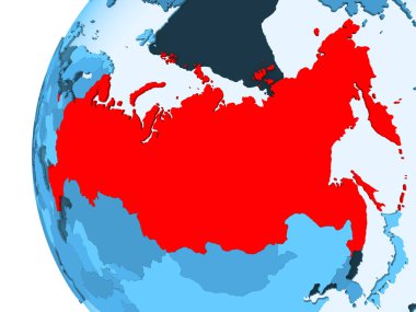 Kırmızı şeffaf okyanuslar ile mavi siyasi dünya üzerinde 3D render Rusya'nın. 3D çizim.