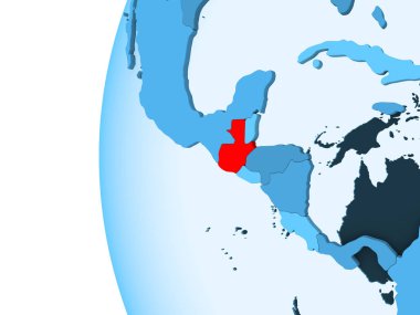 Kırmızı şeffaf okyanuslar ile mavi siyasi dünya üzerinde 3D render Guatemala. 3D çizim.