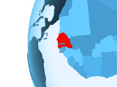 Senegal 3D render kırmızı şeffaf okyanuslar ile mavi siyasi dünya üzerinde. 3D çizim.