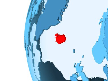 İzlanda 3D render kırmızı şeffaf okyanuslar ile mavi siyasi dünya üzerinde. 3D çizim.