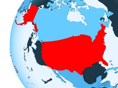 Kırmızı şeffaf okyanuslar ile mavi siyasi dünya üzerinde 3D render ABD. 3D çizim.