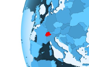 Kırmızı şeffaf okyanuslar ile mavi siyasi dünya üzerinde 3D render İsviçre. 3D çizim.