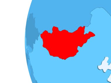 Kırmızı şeffaf okyanuslar ile mavi siyasi dünya üzerinde 3D render Moğolistan. 3D çizim.