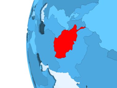 Kırmızı şeffaf okyanuslar ile mavi siyasi dünya üzerinde 3D render Afganistan'ın. 3D çizim.