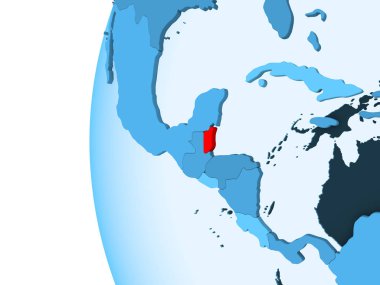 Kırmızı şeffaf okyanuslar ile mavi siyasi dünya üzerinde 3D render Belize. 3D çizim.