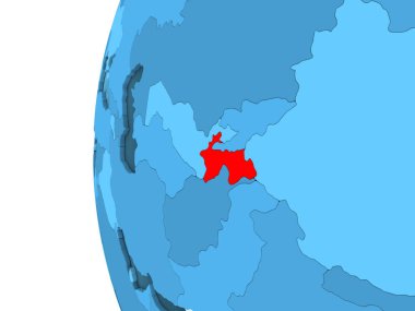 Tacikistan 3D render kırmızı şeffaf okyanuslar ile mavi siyasi dünya üzerinde. 3D çizim.