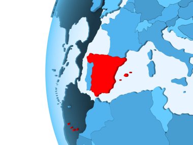 Kırmızı şeffaf okyanuslar ile mavi siyasi dünya üzerinde 3D render, İspanya. 3D çizim.